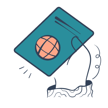 Ձեռքը վեր է պարզված՝ բռնած անձնագիրը, որի վրա պատկերված է գլոբուսի նշան։